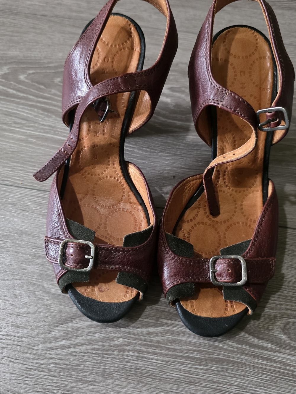 Chie Mihara Burgundy and Black Leather Buckle Heels